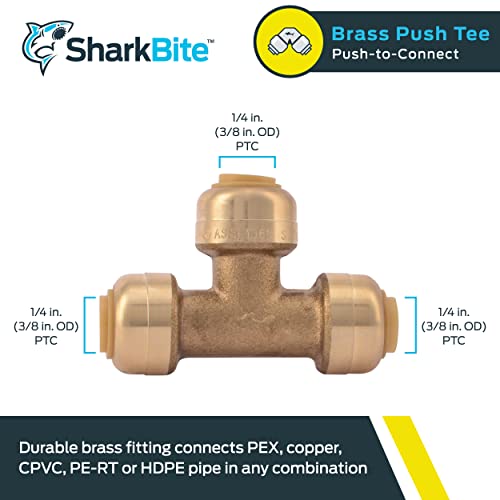 Image of SharkBite 1 /4 Inch (3 /8 Inch OD) Tee, Push to Connect Brass Plumbing Fitting, PEX Pipe, Copper, CPVC, PE-RT, HDPE, U358LFA
