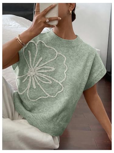 Image of SOLY HUX Women's Short Sleeve Sweater 3D Floral Sweaters Pullover Tank Tops Knit Vest Trendy Fashion Clothing