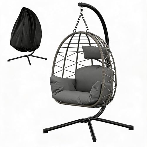 Fauteuil Suspendu œuf en rotin avec Support métallique - Dossier Ergonomique - Coussin Lavable - Housse imperméable - Pliable - Frais 150kg - Gris brossé + Polyester Gris + Housse de Pluie Noire