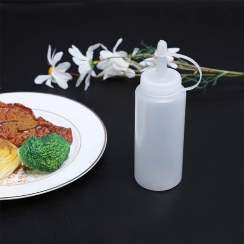 Image of Plastic Condiment Squeeze Bottle Ketchup Mustard Honey Sauce Dispenser Bottle with Twist On Cap Lids and Discrete Measurements - 200 ML (White, Pack of 2)