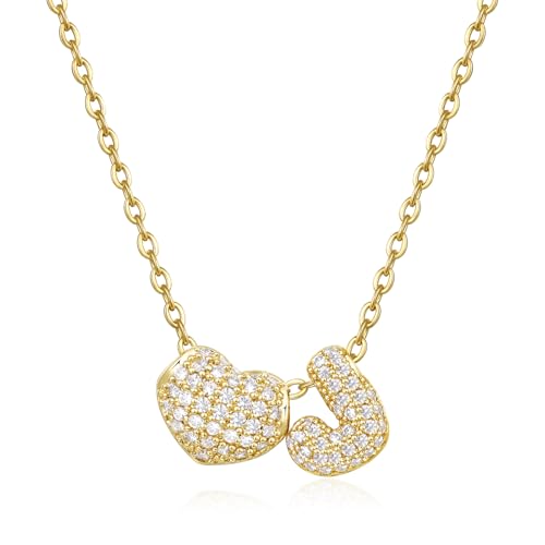 KissYan Bubble Heart Initial Necklaces for Women, 14K Gold Plated Tiny A-Z Letter Pendant Choker Dainty CZ Monogram Jewelry Gifts