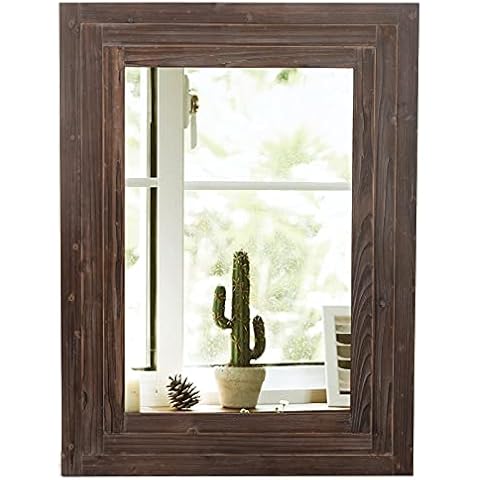 FUIN 24" x 36" Wood Framed Rustic Farmhouse Rectangle Wall Mirror for Bathroom Bedroom Vanity Vertical or Horizontal Hanging, Brown Cover