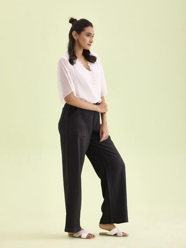 Image of GO COLORS Solid Linen Cargo Pants for Women | Full Length, Mid Rise, Side Pockets