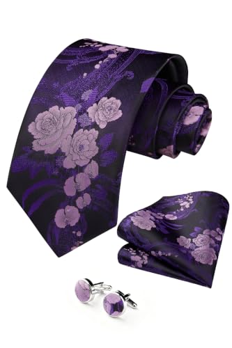 Image of HISDERN Ties for Men Paisley Tie and Pocket Square Cufflinks Set Formal Classic Floral Necktie Handkerchief Wedding Party