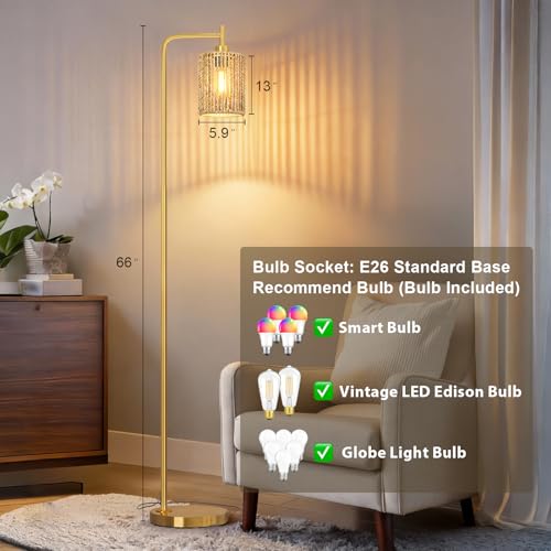 Image of Oneach 66 inch Gold Floor Lamp for Living Room, Boho Floor Lamp with Remote Control and LED Bulb, Rattan Shade, Industrial Tall Farmhouse Standing Lamp for Bedroom, Dining Room, Study Room, Office