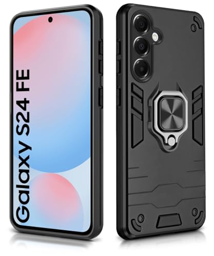 Image of WOW IMAGINE Shock Proof Back Case Mobile Cover for Samsung Galaxy S24 FE | Back Cover Case (Tough Armor | Hybrid PC + TPU | Ring Holder & in-Built Kickstand | Black)