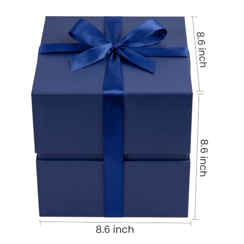 Image of LIFELUM Navy Blue Cube Gift Box 8.6 x 8.6 x 8.6 inch, 1 Pack Magnetic Closure Gift Box with Ribbon, Greeting Card, Shredded Paper Filler for Business, Graduation, Birthday Gifts