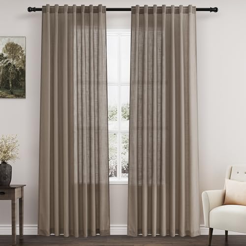 Image of Dark Taupe Linen Curtains 84 Inches Long for Bedroom Back Tab Light Filtering Privacy Semi Sheer Curtains Modern Farmhouse Decor Dark Taupe Cotton Textured Curtain for Living Room 2 Panels 52x84