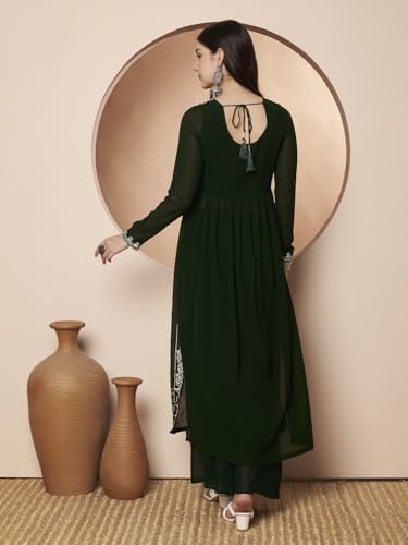 Image of PH POSHAKHUB Women A-Line Nyra Cut Kurta with Sharara in Georgette with Aari Work