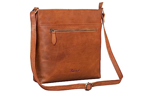 Benthill Damen Umhängetasche Leder - Tasche aus echtem Rindsleder - Handtasche mit Reißverschluss - Schultertasche/Ledertasche - Vintage Shopper, Farbe:Braun