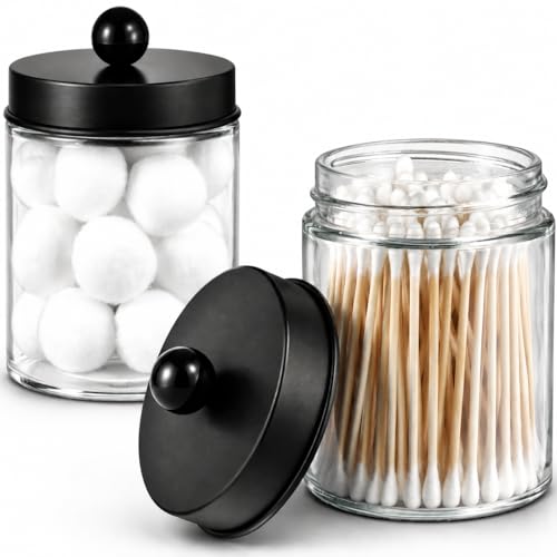 Amolliar Apothecary Jar Qtip Holder w/Metal Lid Glass,Glass, Black 2Pack | for Bathroom Vanity Storage, Countertop, Farmhouse Style, Holds Cotton Swabs, Dental Floss, Makeup Sponges