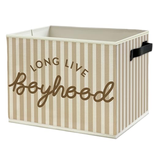 Image of Long Live Boyhood Boys Storage Bins Box with Handles, Beige Stripe Collapsible Basket Organizer for Kids Teen Boy Nursery Room Bedroom Bathroom Playroom Books Clothes
