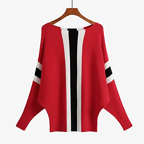 Image of EDSTAR Boat Neck Batwing Sleeves Dolman Knitted Sweaters Autumn /Winter Pullovers Tops for Women Stripe Red