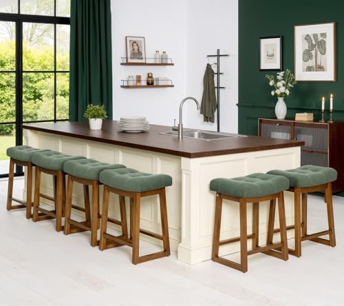 Image of Bar Stools Set of 6, Backless Counter Height Bar Stools, 24 Inch Modern Saddle Bar Stools with Walnut Legs & Upholstered Fabric Seat, Wooden Counter Stools for Kitchen Island, Home Bar, Green