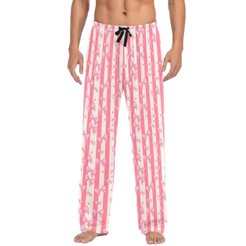 Mens Cotton Pajama Pants Sleep Lounge Pj Bottoms Sleepwear with Pockets Drawstring S Pink Striped Background Bow2