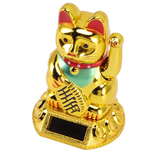 Chinese Lucky Cat Decoration Waving Arm Solar Light Induction Figure Home Car Ornaments Golden, Solar Waving Arm Lucky Cat for Home and Office (Golden)