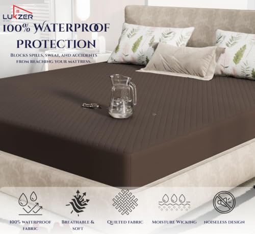 Image of Lukzer 100% Waterproof Quilted Mattress Protector Dark Brown King Size 78 x 72 Inches (6.5 x 6 ft) Cotton-Feel Bed Protector Noiseless Hypoallergenic Breathable Elastic Fitted Mattress Cover /Bed Cover