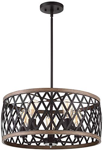 Franklin Iron Works Aruba Woodgrain Bronze Pendant Chandelier Lighting 20" Wide Modern Industrial Drum 5-Light Fixture For Dining Room Living House Home Foyer Kitchen Island Entryway Bedroom #TOP5