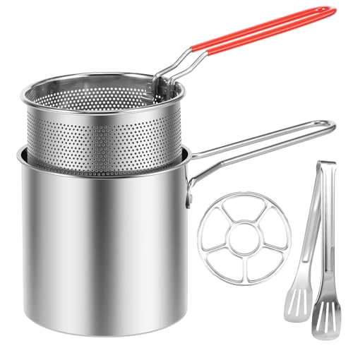 ZJRDYYK Small Deep Fryer Pot with Basket, 304 Stainless Steel Frying Pot,Japanese Tempura Deep Fryer Pot for Frying Fish Shrimp Chicken and Fries (4-piece set)
