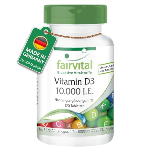 fairvital Vitamin D3 10.000 I.E. Depot, 120 Tabletten, HOCHDOSIERT, Cholecalciferol, nur 1 Tablette alle 10 Tage