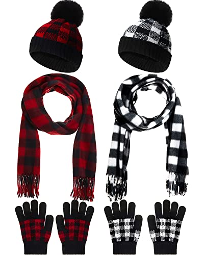 6 Pcs Buffalo Plaid Winter Warm Sets for Kids 2 Pcs Knitted Pom Beanie Hat 2 Pairs Knitted Plaid Gloves 2 Scarf for Boys and Girls Winter Christmas, Red, Black, White