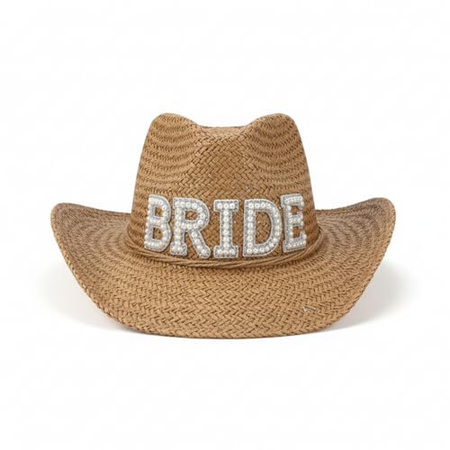 Bunnycool Bride Straw Cowboy Hat Beach Bachelorette Cowboy Western Cowgirl with Bride Pearl Hat for Bridal Wedding(Bride Beige)