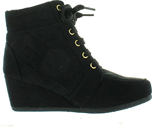 Link Peggy-63K Children Girl's Wedge Heel Lace Up Diamond Shape Quilted Sneakers,Black,22