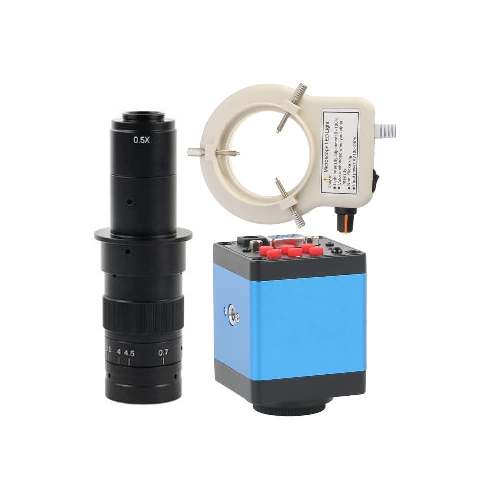 Cámara de microscopio de Video de reparación de Soldadura Industrial Digital VGA HDMI Lab y Lente de Montaje en C 180X con Anillo de luz Ajustable de 56 LED - Azul