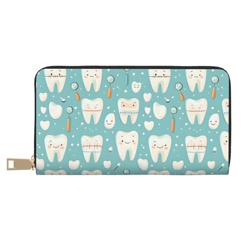 Leather Thin Slim Wallets for Women Men - Fashion Cute Cartoon Teeth Print Card Wallet Holder with Zipper