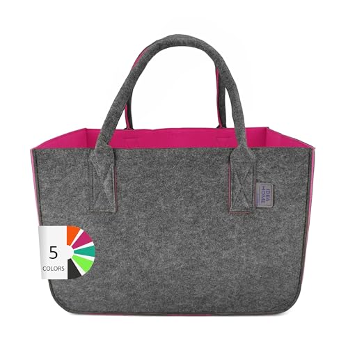 IDEA HOME Filztasche Valencia Shopper Groß-30 Liter Einkaufstasche XXL Zusammenklappbar Einkaufskorb Kaminholztasche Kleiderkorb Spielzeugtasche Dunkelgrau/Himbeerfarbe