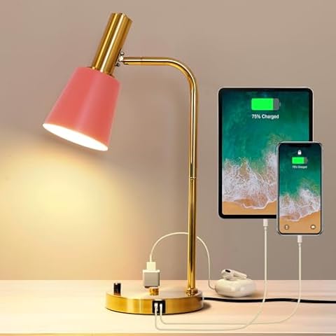 beaysyty Pink Bedroom Lamp for Nightstand, Dimmable LED Bulb Table Lamp with USB C and A Ports, Bedside Lamp with AC Outlet for Kids Girls, Desk Lamp with Brass Metal Base Cover