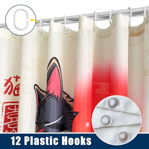 Image of Funny Chubby Cat Monster Shower Curtain Set, Japanese Anime Sunset Ocean Waves Home Bathroom Decor, Polyester Cloth Fabric Bath Curtain with 12 Hooks 72 inch W x 72 inch L