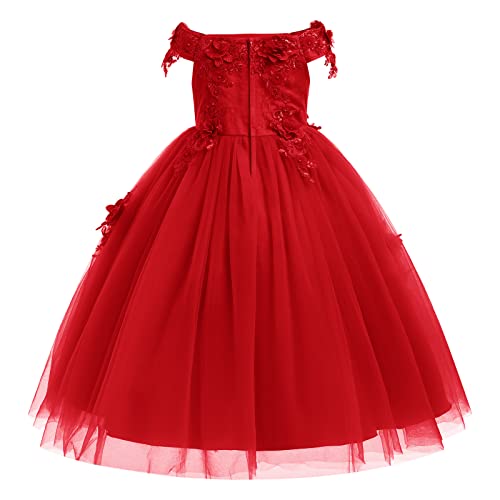Flower Girl Dress Embroidery Lace Applique Beaded Off Shoulder Long Pageant Formal Wedding Party Dresses for Kids Baby Bridesmaid Birthday Communion Floor Length Tulle Ball Gowns Red 11-12 Years2
