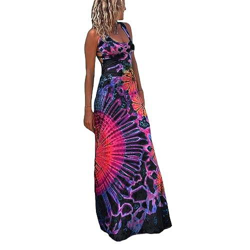 Image of Women Sexy Backless Maxi Dress Y2k Tie-Dye Print U-Neck Sleeveless Fashion Cross Backless Party Dress