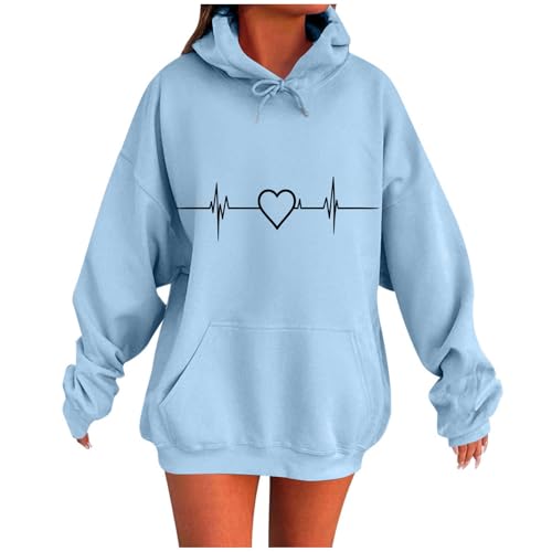 Sudaderas con capucha para mujer, para otoño e invierno, de manga larga, con estampado de electrocardiograma, casual, holgada, cómoda, ligera, suave, con bolsillo, azul claro, S
