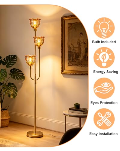 Image of Lightdot 66IN 3-Lights Modern Glass Floor Lamp Gold Dimmable Floor Lamps with 3000K Warm White Bulbs for Wedding Party Tall Standing Lamp with Amber Glass Shade for Living Room /Bedroom /Home Decor
