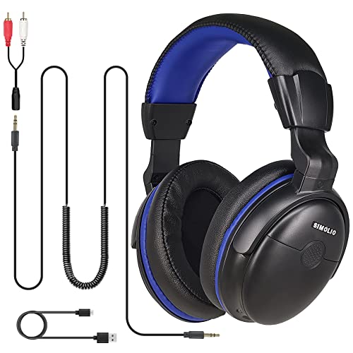 SIMOLIO Casque Audio PC TV Filaire Supra Auriculaire, Câble 3.5mm 5.5M Extensible Extra Long Spirale, Contrôle du Ton/Amplification du Son/Contrôle du Volume/Micro/Convertisseur RCA, pour Seniors Cover