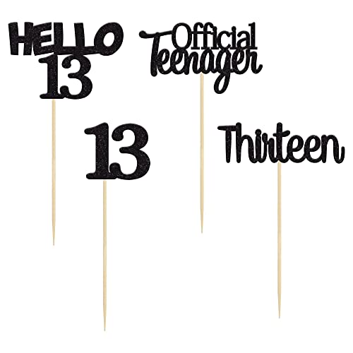 Gyufise 24Pcs Black Glitter 13th Birthday Cupcake Toppers Hello 13 Thirteen Cake Toppers Official Teenager Cupcake Picks 13th Birthday Party Cake Decorations Supplies