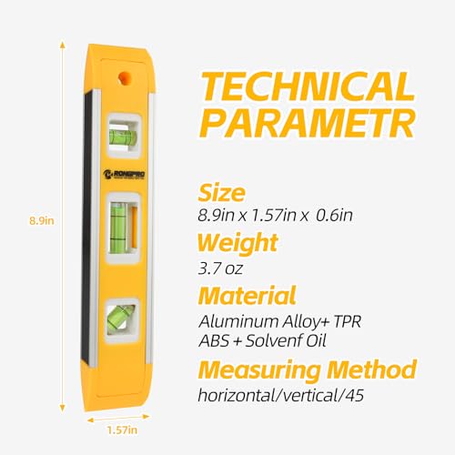 RONGPRO 9 Inch Torpedo Level, Magnetic Box Level with 45°/90°/180° Bubbles, Shock Resistant Bubble Level Tool for Measuring thumbnail 3