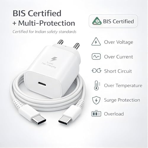 Image of Samsung 25W PD 3.0 Type C Fast Charging Adapter (PPS) for Galaxy M17|M07|M36|M06|M35|A56|A55, A37|A35|A06|F06|F16|F36|S25 FE|S25 Plus|S24|S23|S22|Tab S10 Ultra|Tab S10+ | 25W Quick Charger, White