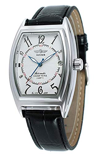 MASTOP Rectangle Watch Automatic Mechanical Waterproof Watch Black Leather with Stainless Steel Watches for Men (Silver)