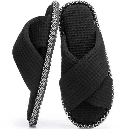 Image of GOEWY Slippers for Women Memory Foam House Bedroom Corduroy Crossbands Open Toe Slides Sandals Shoes Comfy Trendy Gift for womens Anti-Skid sole