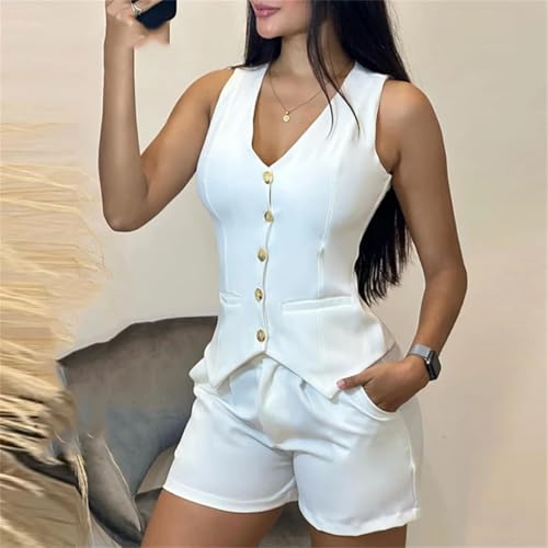 Dbdkejj Women's Summer 2 Piece Set V Neck Sleeveless Button Up Vest Shorts Suit Business Work Outfit3
