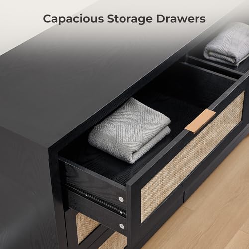 Image of SICOTAS Rattan Dresser for Bedroom, 57 inch Wide 6 Drawer Dresser with Ample Storage, Wooden Dressers Large Chest of Drawers, Closet, Boho TV Stand for Bedroom (Black Oak, 1 Piece)
