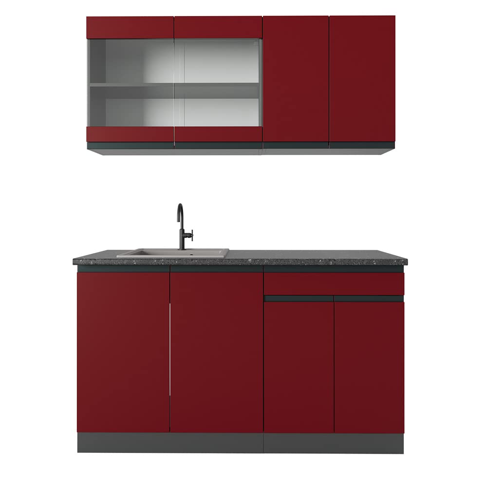 Vicco Singleküche R-Line, Rot/Anthrazit, 140 cm J-Shape, geeignet für Flexible Küchenanordnung und Erweiterungsmodule