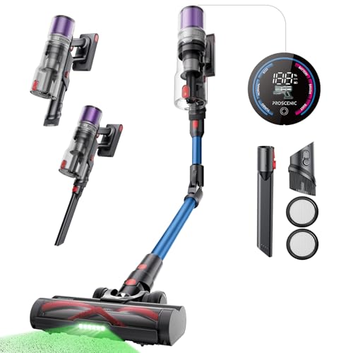 Proscenic Cordless Vacuum Cleaner, 45Kpa 55Mins Runtime, 180°Bendable Wand, Vacuum Cleaners for Home with Green Light, Anti-Tangle Brush, Rechargeable Lightweight Stick Vacuum for Pet Hair, P16(Blue)
