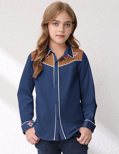 Girls Western Cowgirl Shirt Long Sleeve Button Down Floral Embroidered Vintage Casual Hippie Country Shirts2