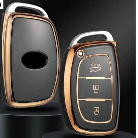 CLOUDSALE ; Your Store. Your Place Crystal TPU 3 Button Remote Push Start Smart Key Cover for Creta, Grand i10, i20 Elite, i10 Nios, i20 Active, Verna, Aura (Gold/Black)