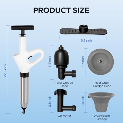 Image of High Pressure Toilet Plunger - Stainless Steel Air Drain Blaster with Visual Barometer - Powerful Clog Remover for Toilets, Bathrooms, Floor Drains, Kitchen Pipes