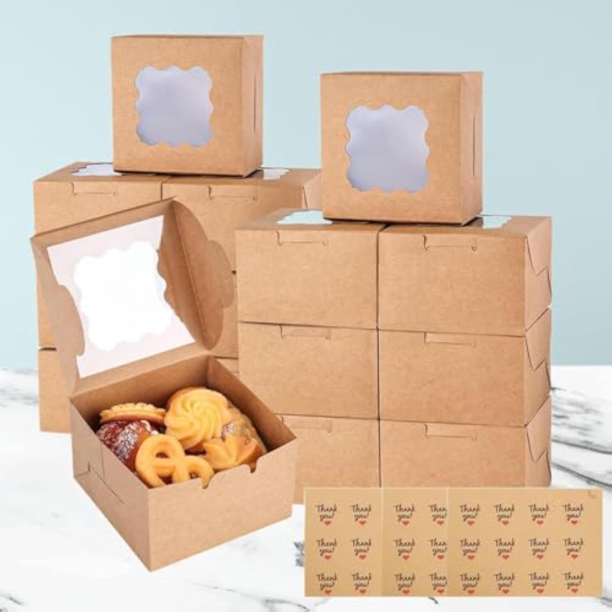 50 Pieces Bakery Boxes with Window for Picnic Camping, Brown